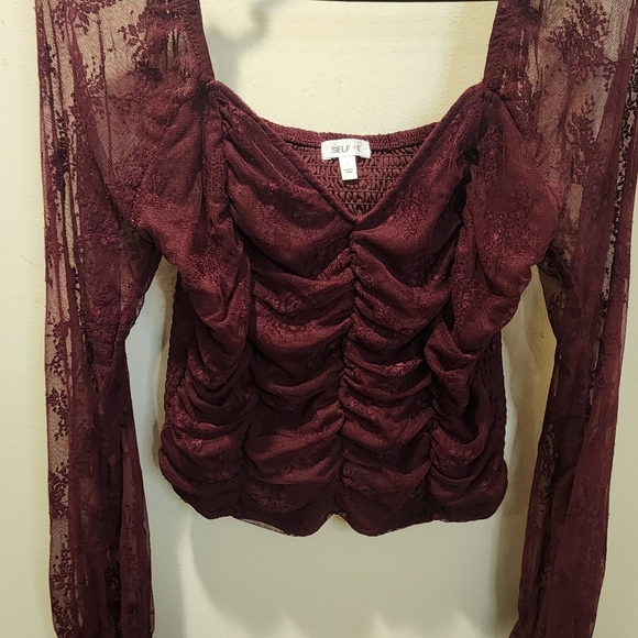 SELF E Red Burgundy Long Sleeves Lace Rush Blouse size S - Picture 7 of 11